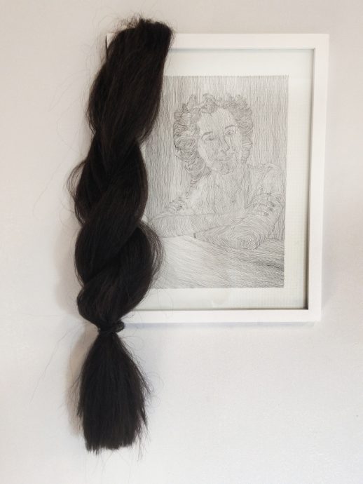 Bella( with hair),2016, ink on paper, synthetic hair, dimensions variable
